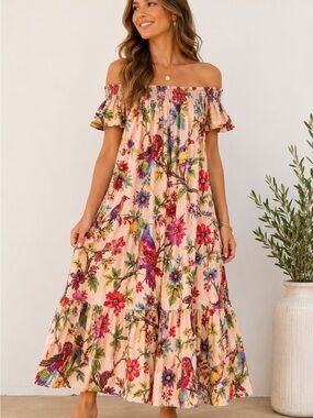 Guadalupe Floral Bird Print Cotton Midi Dress Women’s XS Pink Boho India